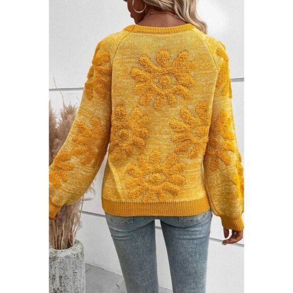 Sweater Medium Mustard Yellow Textured Floral Eyes Eyeballs Artsy Art Flowers - Picture 1 of 7